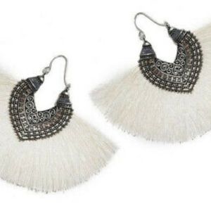Boho Silvertone Etched White Fan Fringe Earrings